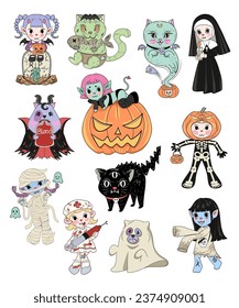 Cute halloween cartoon characters. Vector. Set 2 of 3 .