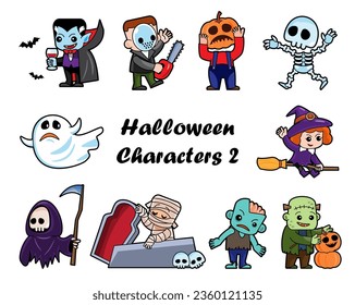 Cute halloween cartoon characters . White isolated background . Vector . Set 2 of 4 .