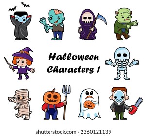 Cute halloween cartoon characters . White isolated background . Vector . Set 1 of 4 .