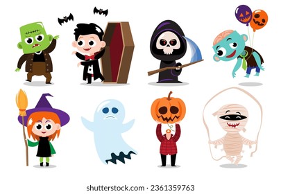 Cute halloween cartoon characters . White isolated background . Vector . Set 2 of 4 .