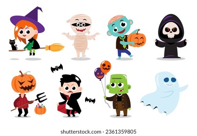 Personajes de dibujos animados de Halloween. Fondo blanco aislado. Vector. Juego 4 de 4 .