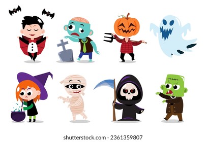 Cute halloween cartoon characters . White isolated background . Vector . Set 1 of 4 .