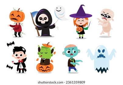 Cute halloween cartoon characters . White isolated background . Vector . Set 3 of 4 .