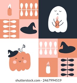 Cute Halloween cartoon checkered seamless pattern with ghost and pumpkin. Geometric print for paper, textile and fabric. Hand drawn vector illustration.
