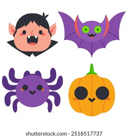 Lindo fantasma de dibujos animados de Halloween, calabaza, vampiro y Vector de murciélago conjunto aislado en un fondo blanco.