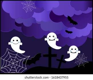 Cute Halloween cartoon ghosts in the night purple clouds with cobwebs, bats and cemetery. Vector illustration design