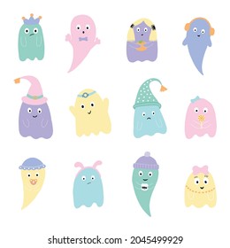 Cute Halloween cartoon ghosts, pastel colors. vector set