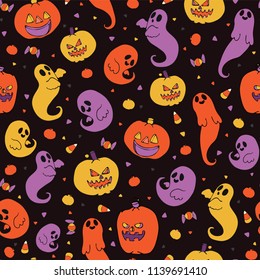 Cute Halloween Cartoon Pattern, Hand Drawn Ghost and Pumpkin Seamless Vector Illustration for Seasonal Fashion Prints, Spooky Stationery, Trick or Treat Party Decor, Holiday Wrap , Costumes Fabric