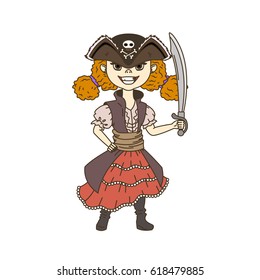 Cute Halloween cartoon pirate on white background, vector little kid character, child dressed in masquerade costume, girl with smile, flat vector isolated illustration