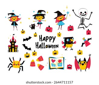 Cute Halloween Cartoon Stockers Witches, Skeleton, Pumpkins, Bats, Haunted House and Candy. Happy Halloween Illustration. Colorful Halloween Characters for Kids. Trick or Treat Flat Vector
