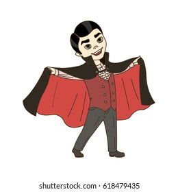 Cute Halloween cartoon vampire on white background, vector little kid character, child dressed in masquerade costume showing its fangs, flat vector isolated illustration