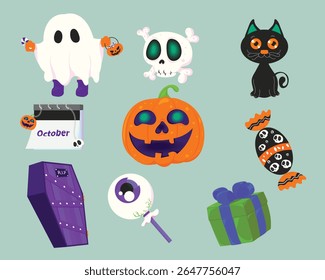 Cute Halloween cartoon vector set featuring ghost with pumpkin bucket, smiling pumpkin, spooky skull, black cat, coffin, candies, eyeball lollipop, calendar, and gift box. Ideal for party invitations 