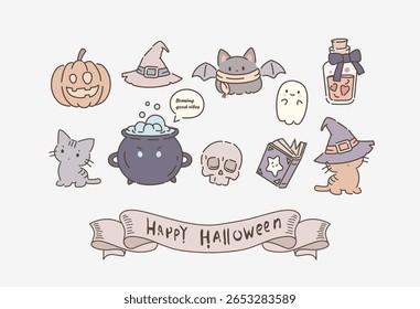 Cute Halloween cartoon vector set in pastel colors. Includes witch cats, bubbling cauldron, pumpkin, bat in scarf, ghost, spell book, potion bottle, skull, hats, and festive banner.