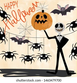 Cute halloween cartoon,illustration vector by freehand doodle comic art, by watercolor technique,for textile prints or celebrated card or banner background