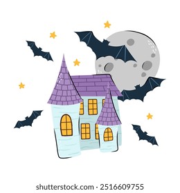 Cute Halloween castle of ghost, moon and bat. Vector illustration in flat and Doodle style for the October Halloween designs