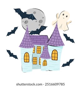 Cute Halloween castle of ghost, moon and bat. Vector illustration in flat and Doodle style for the October Halloween designs