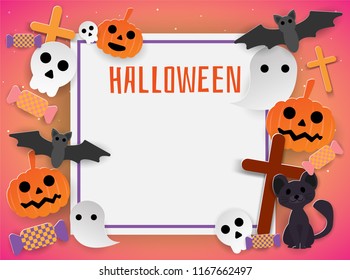 cute halloween cat, bat, skull, ghost,cross, pumpkin, candy and white background