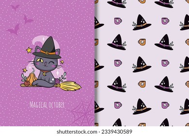 Cute Halloween cat card and seamless pattern. Witchy illustration for spooky season