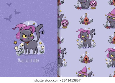 Cute Halloween cat card and seamless pattern. Creepy illustration for spooky season