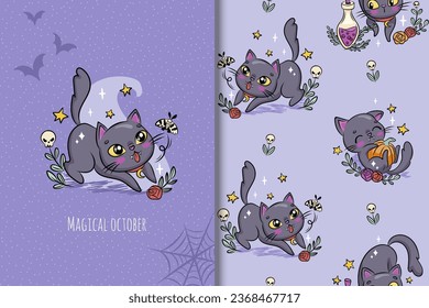 Cute Halloween cat card and seamless pattern. Creepy illustration for spooky season	