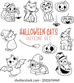Cute Halloween Cat Cartoon Outline Doodle Set Vector For Colouring Book