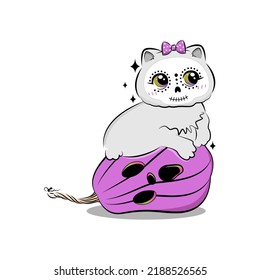 Cute halloween cat in cartoon style. Vector stock illustration.