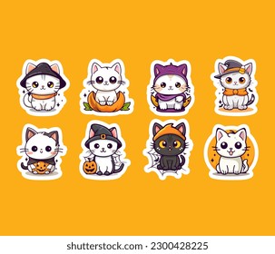 Cute halloween cat in cartoon style. Sticker pack.