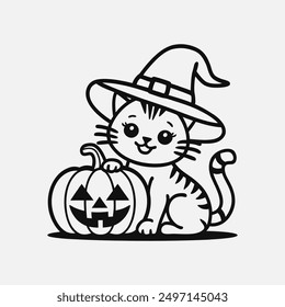 Cute Halloween Cat coloring page for kids. Cat In A Witch Hat Sitting On Halloween Pumpkin.