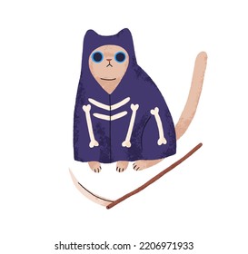 Cute Halloween cat in Death costume, robe. Funny kitty with scythe. Amusing fairy feline animal disguised in Helloween holiday cape. Flat graphic vector illustration isolated on white background