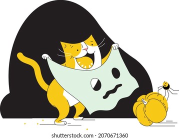 A cute halloween cat dressed as a ghost scares a spider sitting on a pumpkin. Flat vector color illustration.