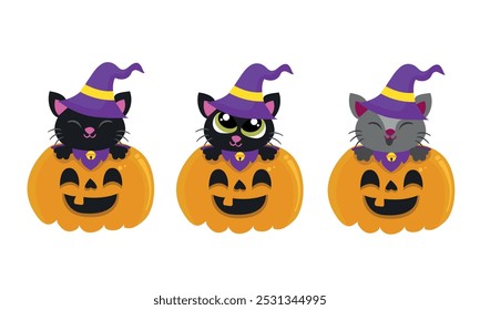 Cute Halloween Cat Dressed as a Witch Sitting on a Pumpkin Illustration