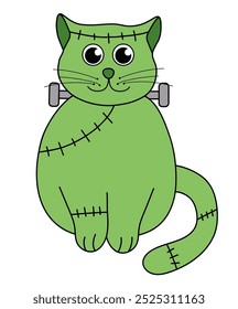 Cute Halloween Cat Frankenstein. Vector Flat Illustration.