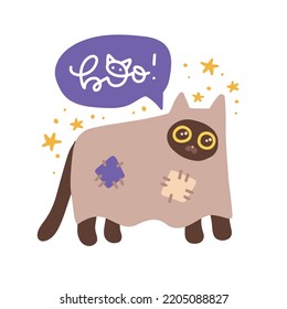 Cute Halloween cat in ghost costume dage of sheet. Funny spooky kitten saying Boo. Friendly spook of Helloween holiday. Magic sweet phantom with happy emotion. Isolated flat vector illustration