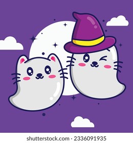 Cute Halloween cat ghost vector design. Cartoon style vector illustration. Halloween mascot, icon, doodle, etc.