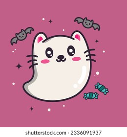 Cute Halloween cat ghost vector design. Cartoon style vector illustration. Halloween mascot, icon, doodle, etc.