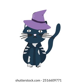 Cute Halloween cat in hat character design. Vector illustration in flat and Doodle style for the October holiday Halloween