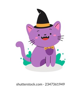Cute halloween cat in hat. Flat vector illustration isolated on white background.