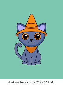 Cute Halloween Cat with Hat Vector Art and Clipart - Icon Sticker Illustration