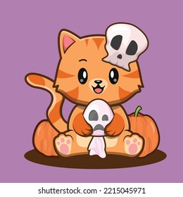 Cute Halloween Cat Hold Ghost Doll and wearing Skull Hat Illustration