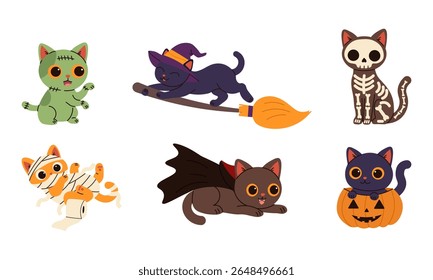 Bonito conjunto de ilustração de gato de Halloween com seis gatos divertidos vestidos como uma bruxa, esqueleto, múmia, vampiro, Frankenstein e abóbora, perfeito para desenhos de férias assustadores e decorações.
