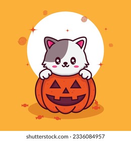 Cute Halloween cat inside a pumpkin vector. Cartoon style vector illustration. Halloween mascot, icon, doodle