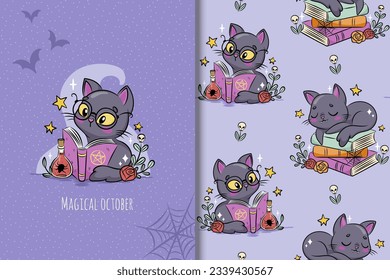 Cute Halloween cat with magic book card and seamless pattern. Creepy illustration for spooky season