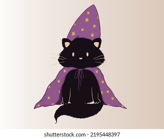 A Cute Halloween Cat In A Mantle And Hat With Stars. Vector Illustration.