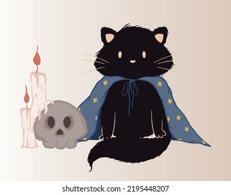 A Cute Halloween Cat In A Mantle With Stars Sits Next To A Skull And Candles. Vector Illustration.