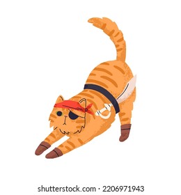 Cute Halloween cat in pirate costume. Funny feline animal disguised in holiday clothing, eye patch, sword. Helloween kitty. Childish flat graphic vector illustration isolated on white background