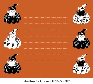 cute halloween cat in pumpkin on orange background. halloween cat note memo