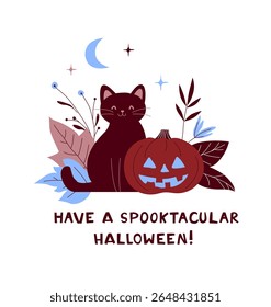 Cute Halloween Cat with Pumpkins Cozy Fall Greeting Card. Have a Spooktacular Halloween Funny Card. Kitty with Pumpkin and Leaves. Flat Autumn Vector Illustration