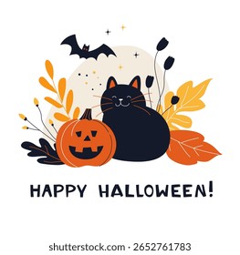 Gato de Halloween bonito com abóboras Cartão acolhedor de outono acolhedor. Desejando-lhe um Cartão Engraçado Feliz Feliz Halloween. Gatinha com abóbora e folhas. Ilustração de vetor de outono plana
