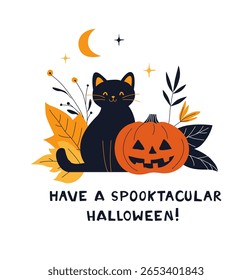 Gato de Halloween bonito com abóboras Cartão acolhedor de outono acolhedor. Tenha um cartão engraçado de Halloween Spooktacular. Gatinha com abóbora e folhas. Ilustração de vetor de outono plana