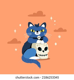 Cute halloween cat sits with a big skull. Expressive animal character. Flat hand drawn cartoon vector illustration